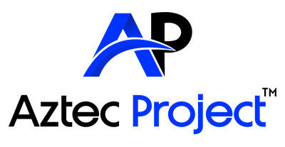 Logo with large blue and black letters AP above the words Aztec Project in bold black and blue text. A curved blue line crosses the A.