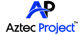 Logo with large stylized letters AP above the words Aztec Project™. The A is blue, the P is black, and Aztec Project is written in black and blue on a light background.